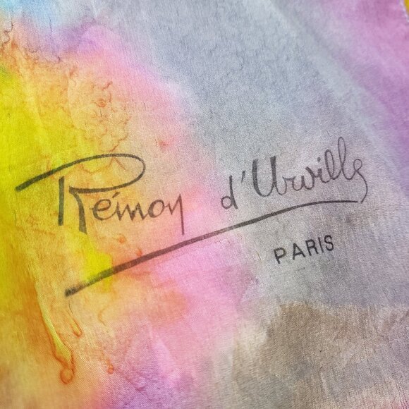 Vintage hand painted tie dye flower pure silk scarf Rémoy D'Urville Paris 21.5" - Picture 1 of 9